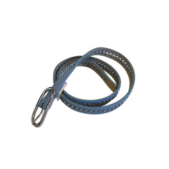 *Talbots Blue Leather Belt RETRO Silver Metal Woven Stitch Design - Size S - Picture 2 of 7